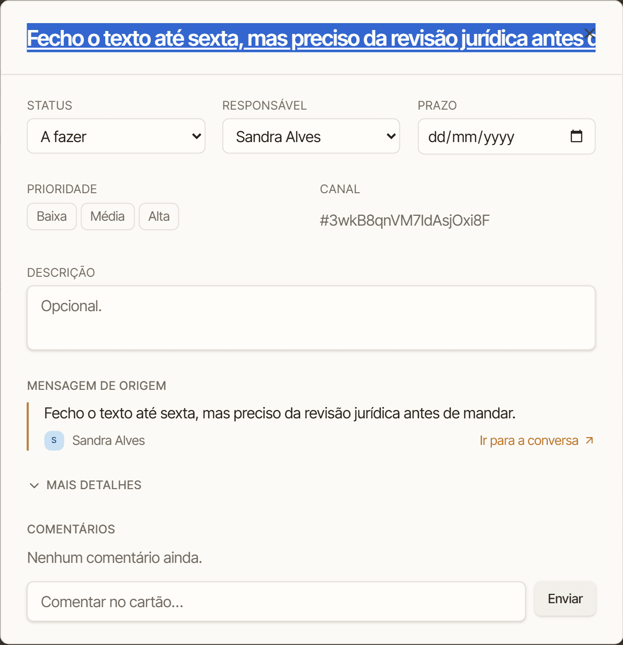 O detalhe de um cartão do Fio, com a seção Mensagem de origem e o link para voltar à conversa.