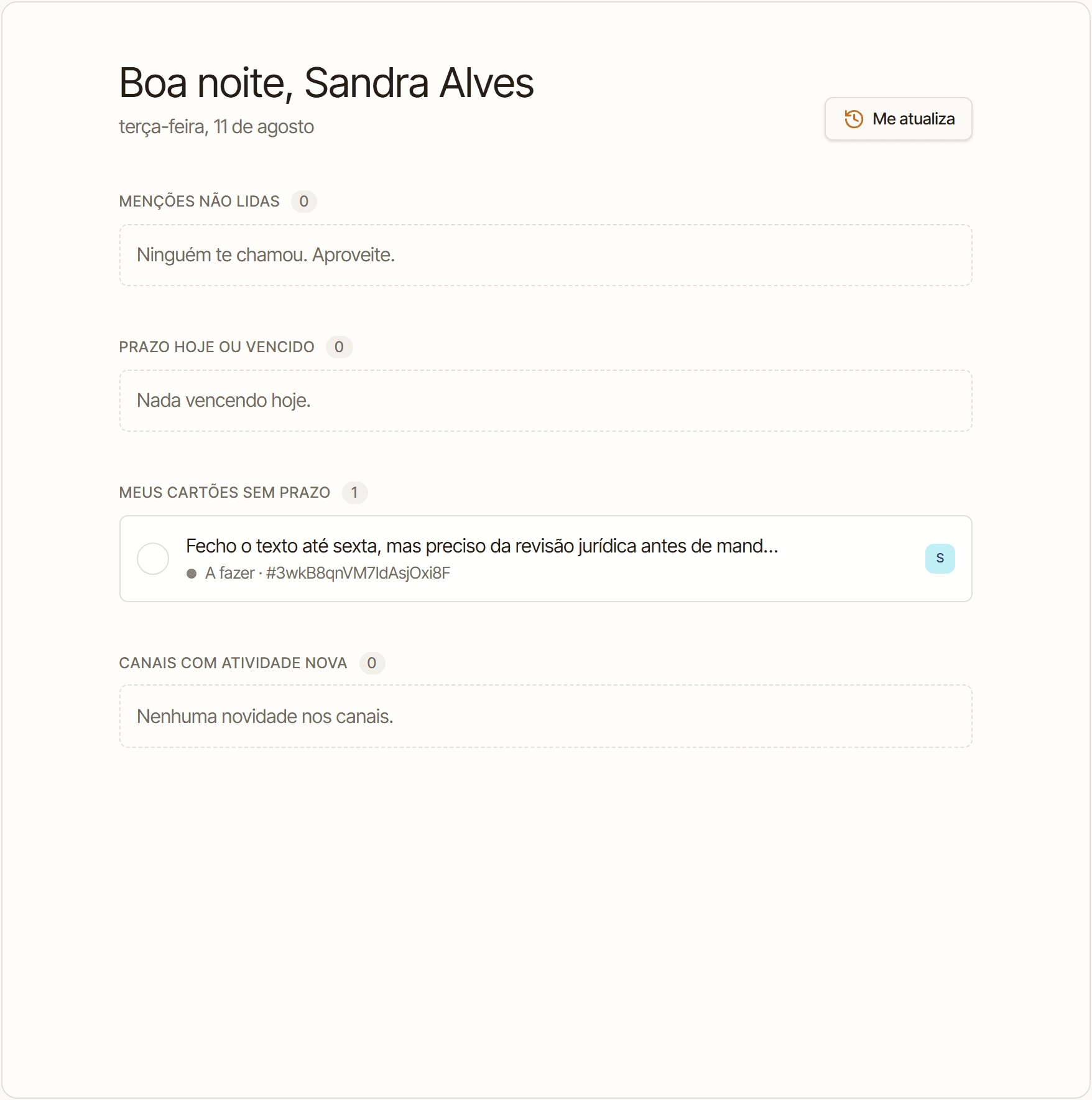 A tela inicial do Fio: menções não lidas, o que vence hoje, cartões sem prazo e canais com atividade.
